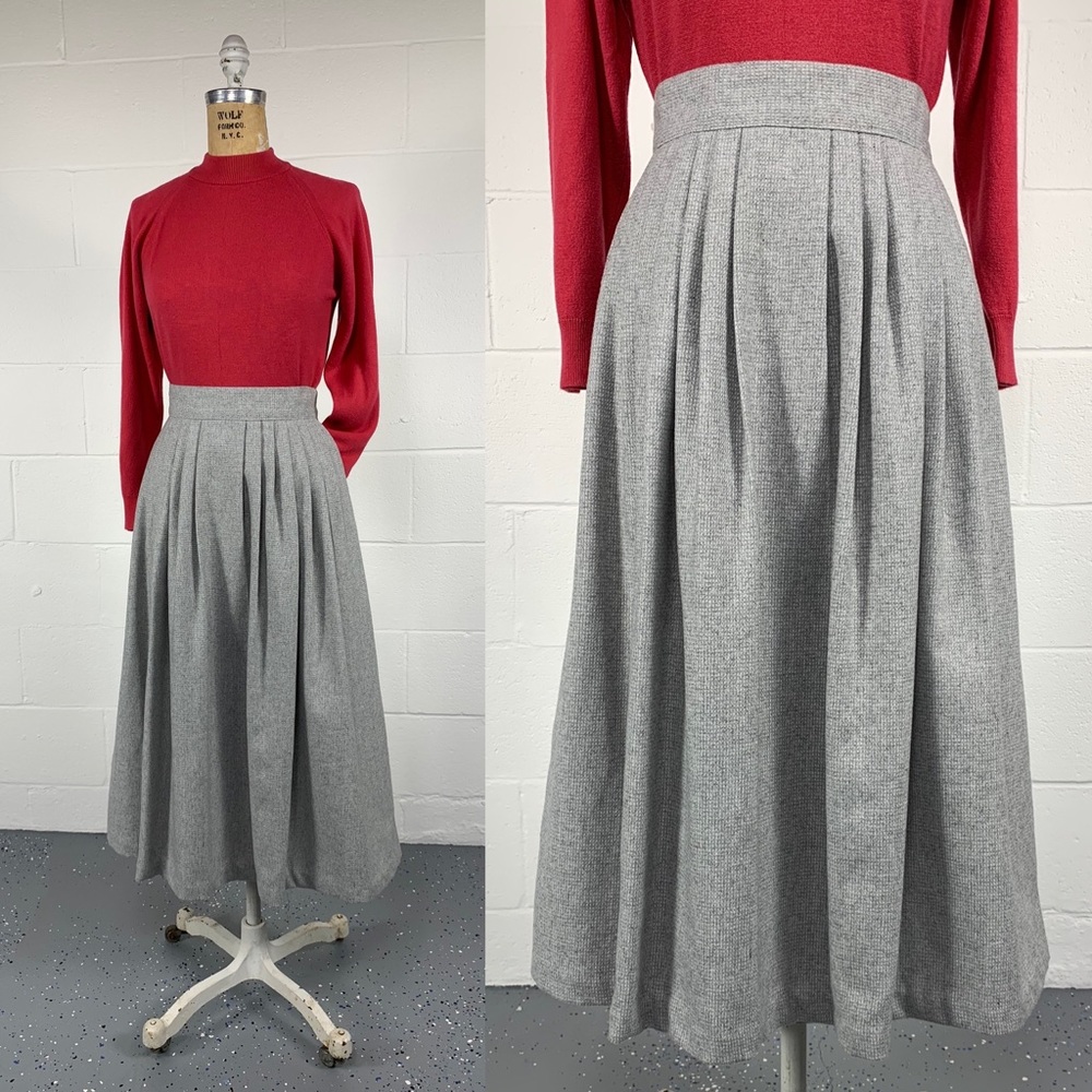 Vintage 70's Gray Woven Flannel Pleated Midi Skirt With Pockets Dark Academia 10